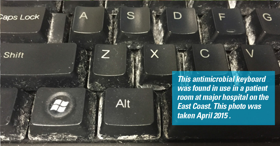A picture of a dirty keyboard found in use in a hostpital